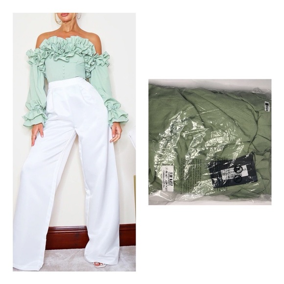 PrettyLittleThing Other - Sage green ruffle hem off shoulder long sleeve top